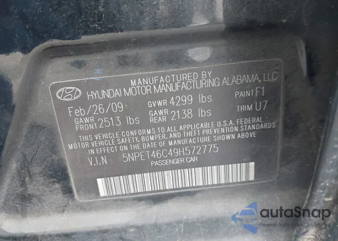 2009 Hyundai Sonata Gls z USA, uszkodzony, nr VIN 5NPET46C49H572775